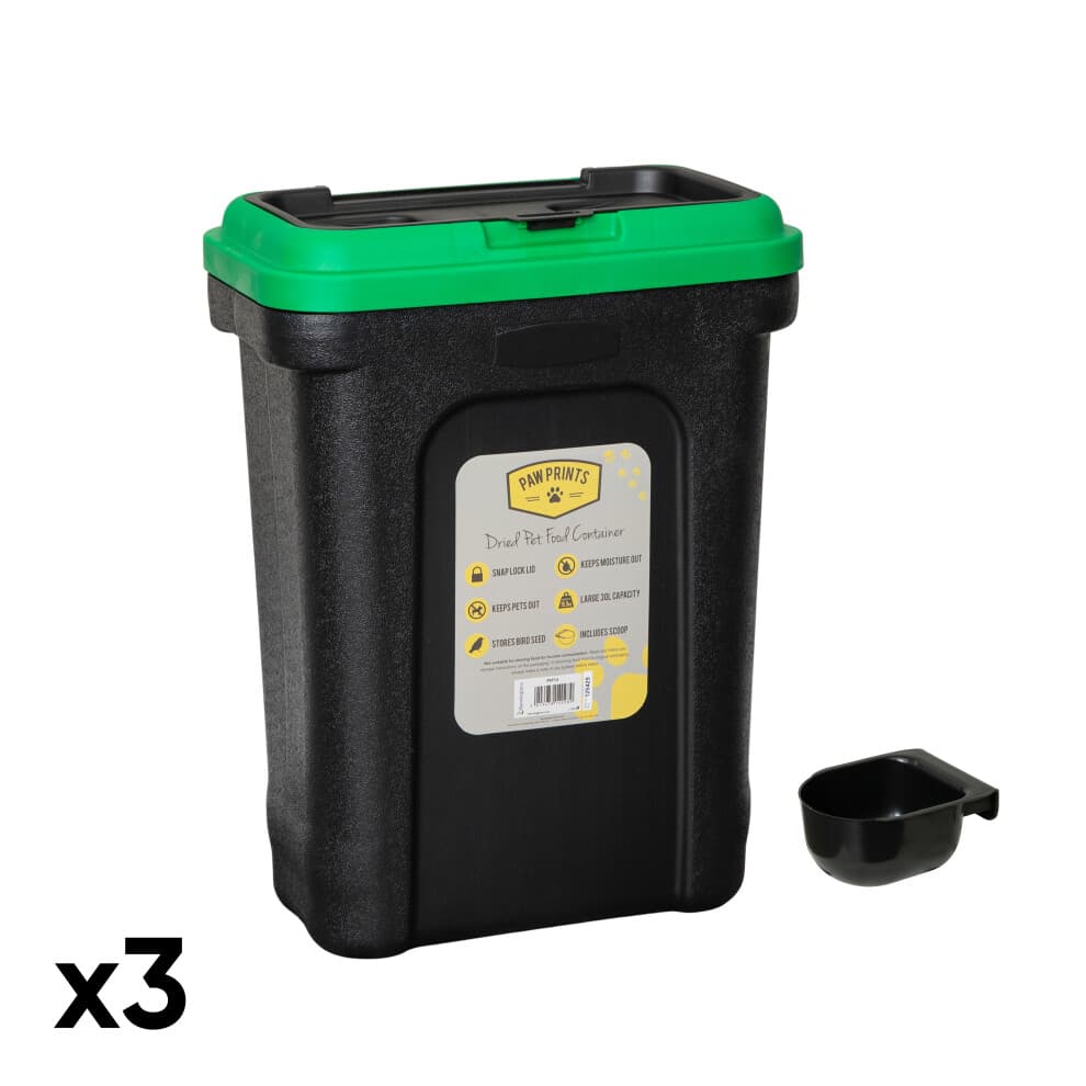 3 x 30 Litre Plastic Dried Pet Food Storage Container Tubs with Food Scoop
