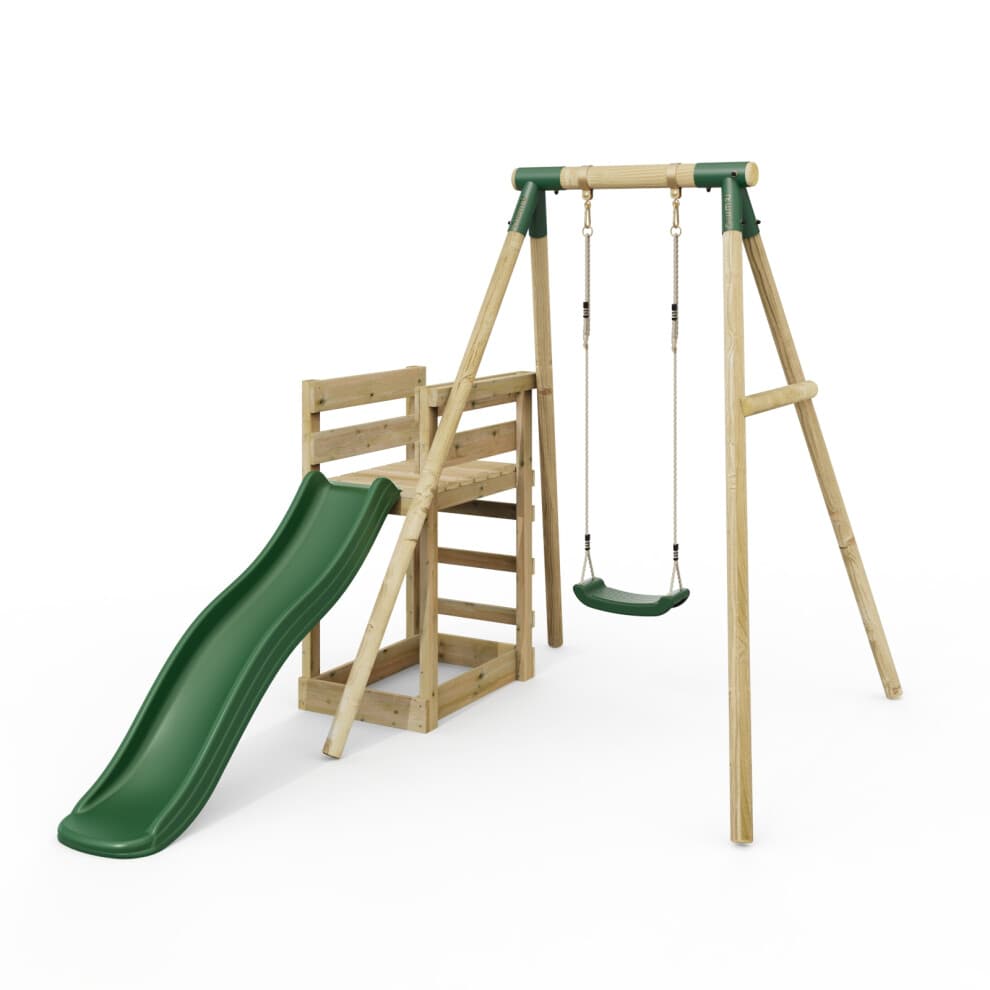 (Solar, Green) Rebo Wooden Swing Set plus Deck & Slide