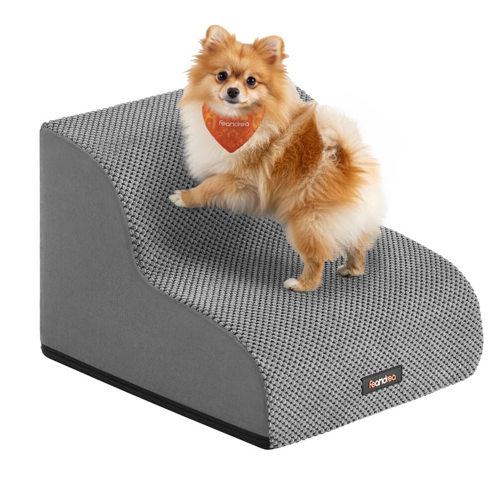 Feandrea 2-Step Dog Stairs, Waffle-Patterned Corduroy Dog Steps for Bed, Sofa, W