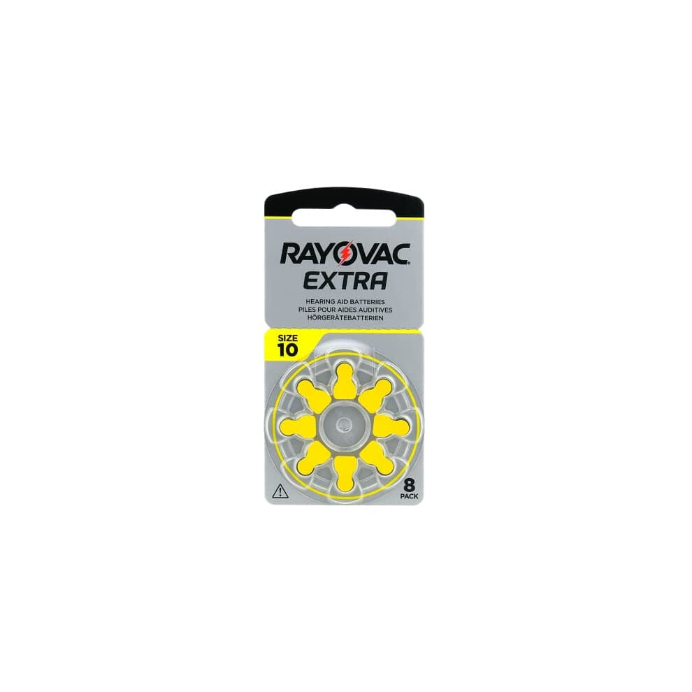 Rayovac Extra 10, 8 pieces, hearing aid batteries, high performance, zinc air batteries, 1 blister card, yellow - 10AUX-8XEMF