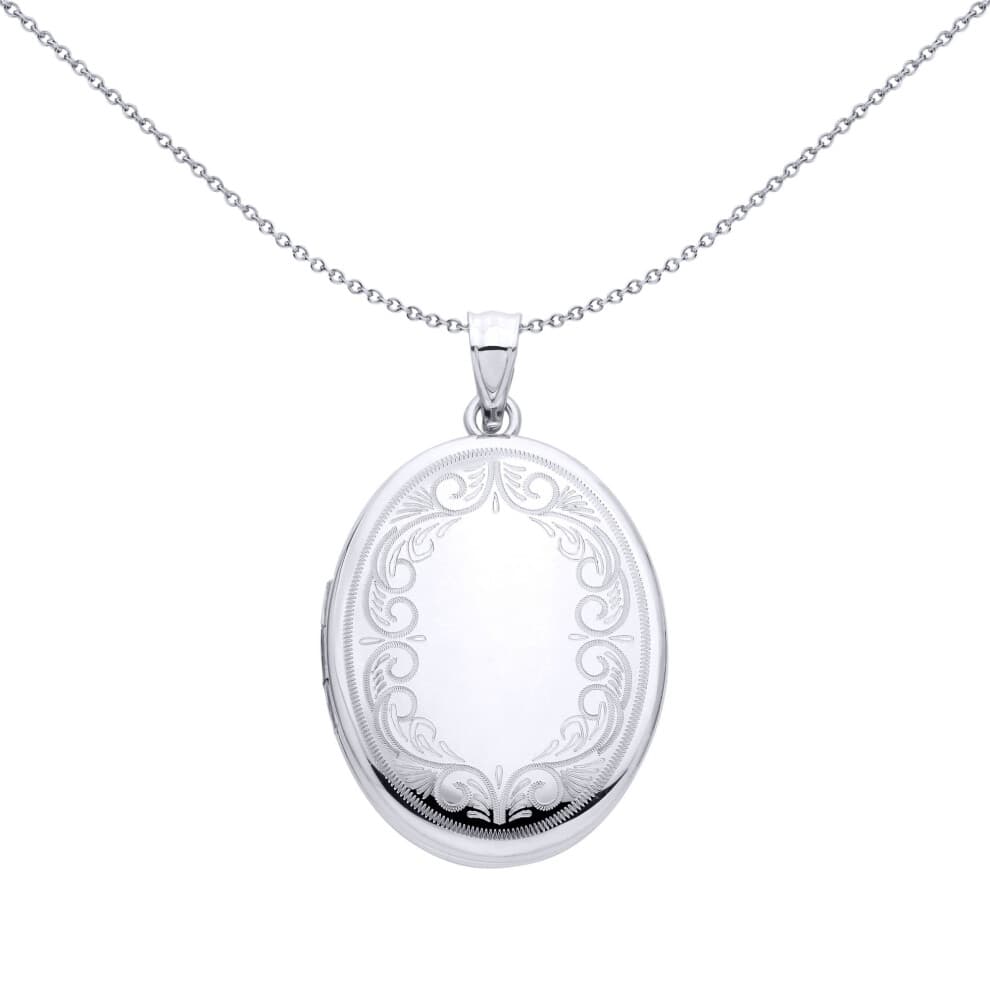 Jewelco London Rhodium Plated Sterling Silver Stitched Border Victorian Baroque Oval Locket Pendant - LK88
