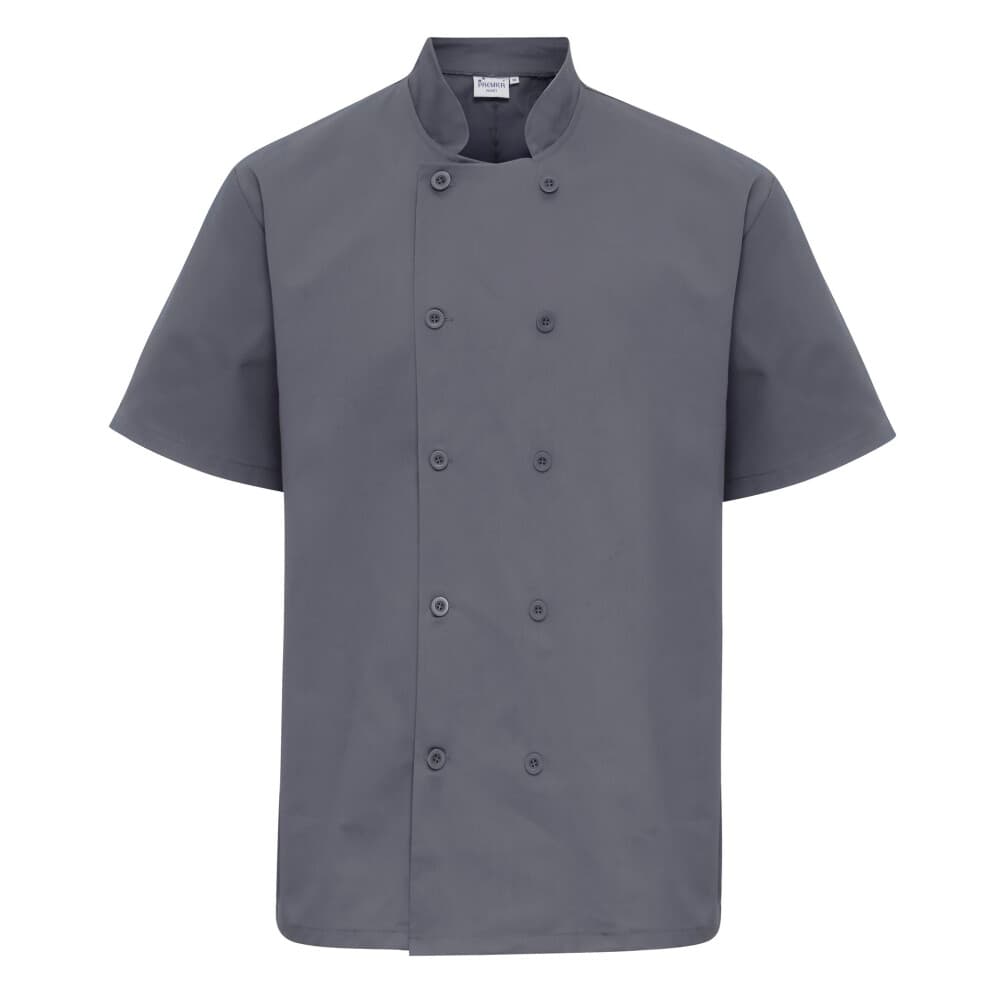 (L, Steel Grey) Premier Unisex Short Sleeved Chefs Jacket / Workwear (Pack of 2)