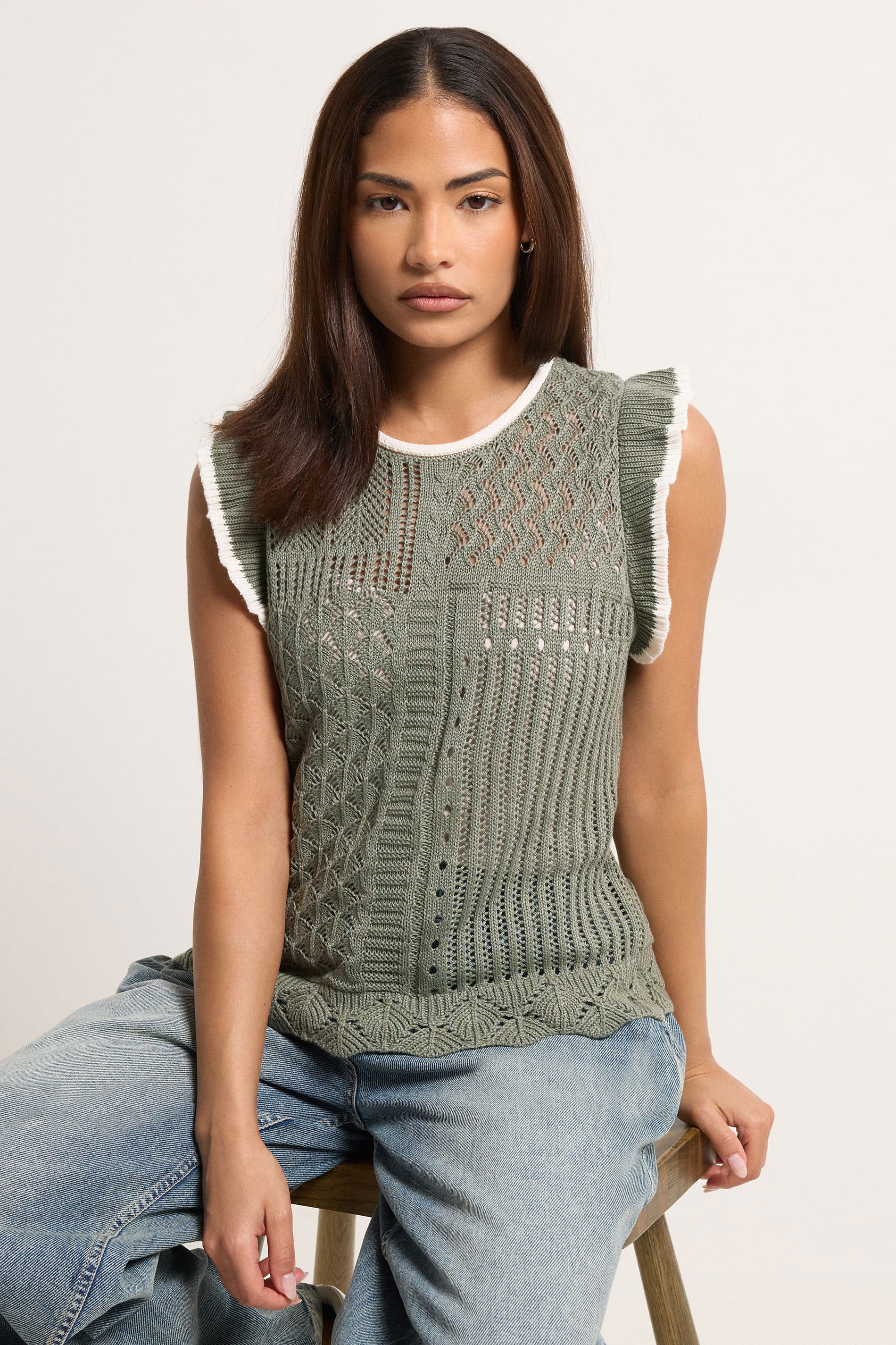 Pixiegirl Petite Women's Sage Green & Ivory White Crochet Vest Top Size 12-14