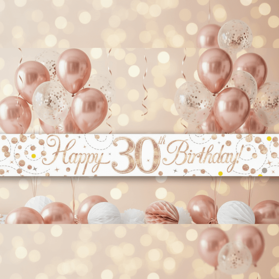 9ft Sparkling Fizz 30th Birthday Banner White & Rose Gold