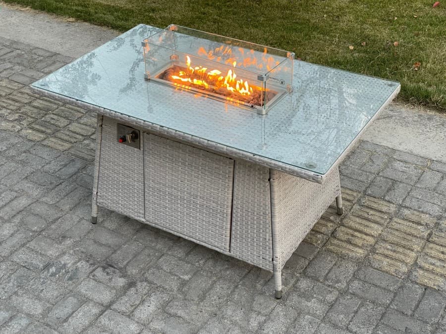Fimous Light Grey Mixed Rattan Fire Pit Table Dining Table Gas Heater Burner Garden Furniture Accessory Patio