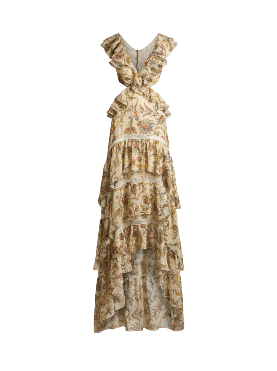 Etro, Long Dress In Silk Dotted Swiss With Ruffles And Floral Motif, Woman, Beige, Size 46