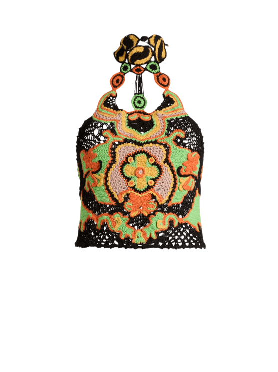 Etro, Cotton Crop Top With Crochet-effect Floral Motif, Woman, Multicolour, Size 46