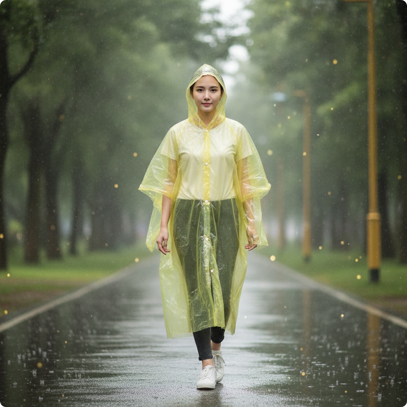 Hooded Rain Poncho with Snap Buttons Waterproof Raincoat with Hood Long-Length