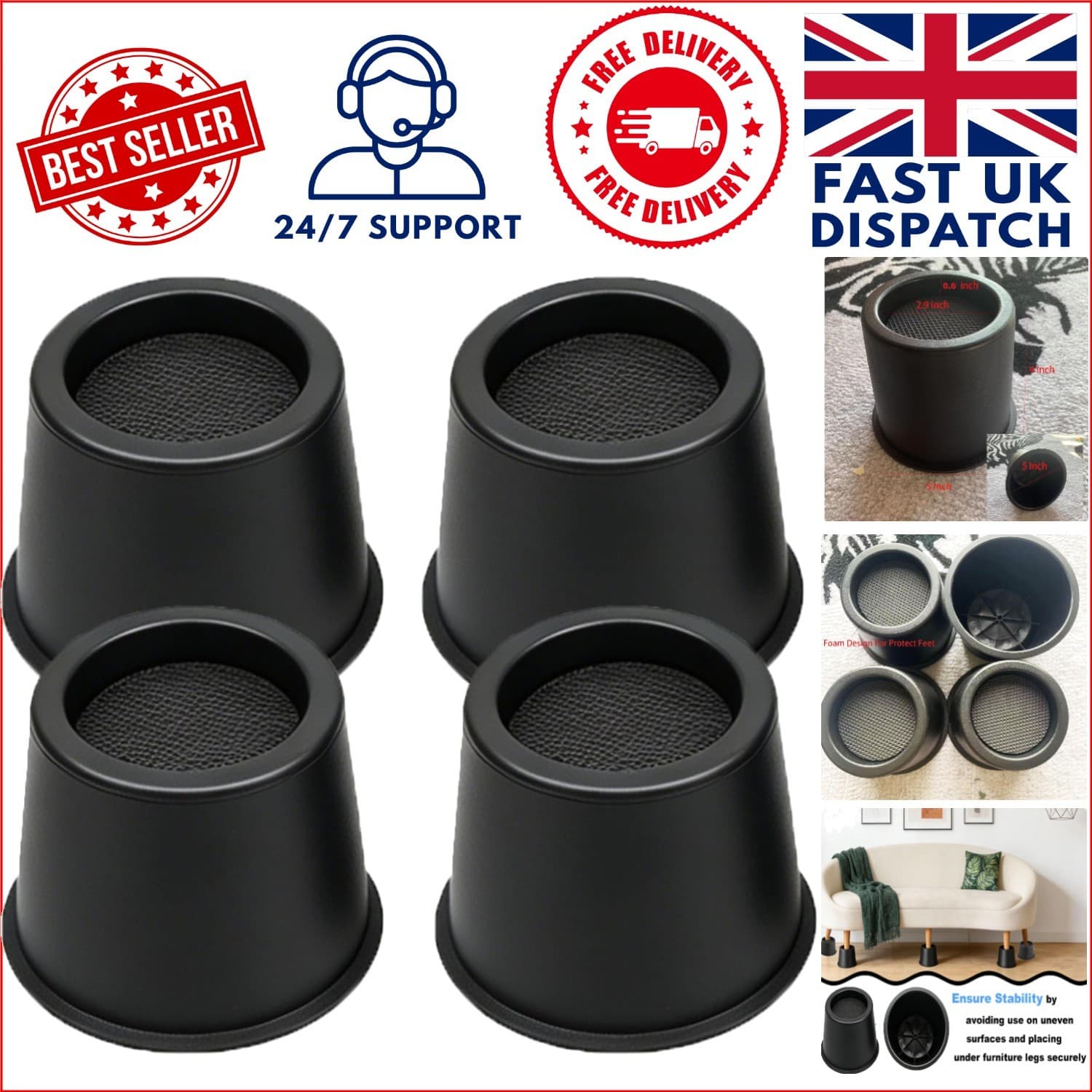 4-Pack Non-Scratch 4-Inch Round Furniture Risers for Easy Home Organization