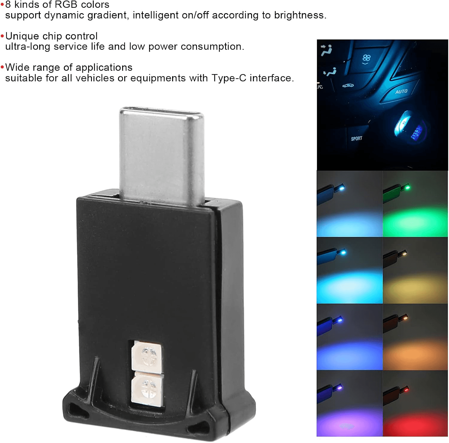 Car LED Atmosphere Lights| Mini Interior Ambient Lighting 8 Colors RGB Dynamic G view 2