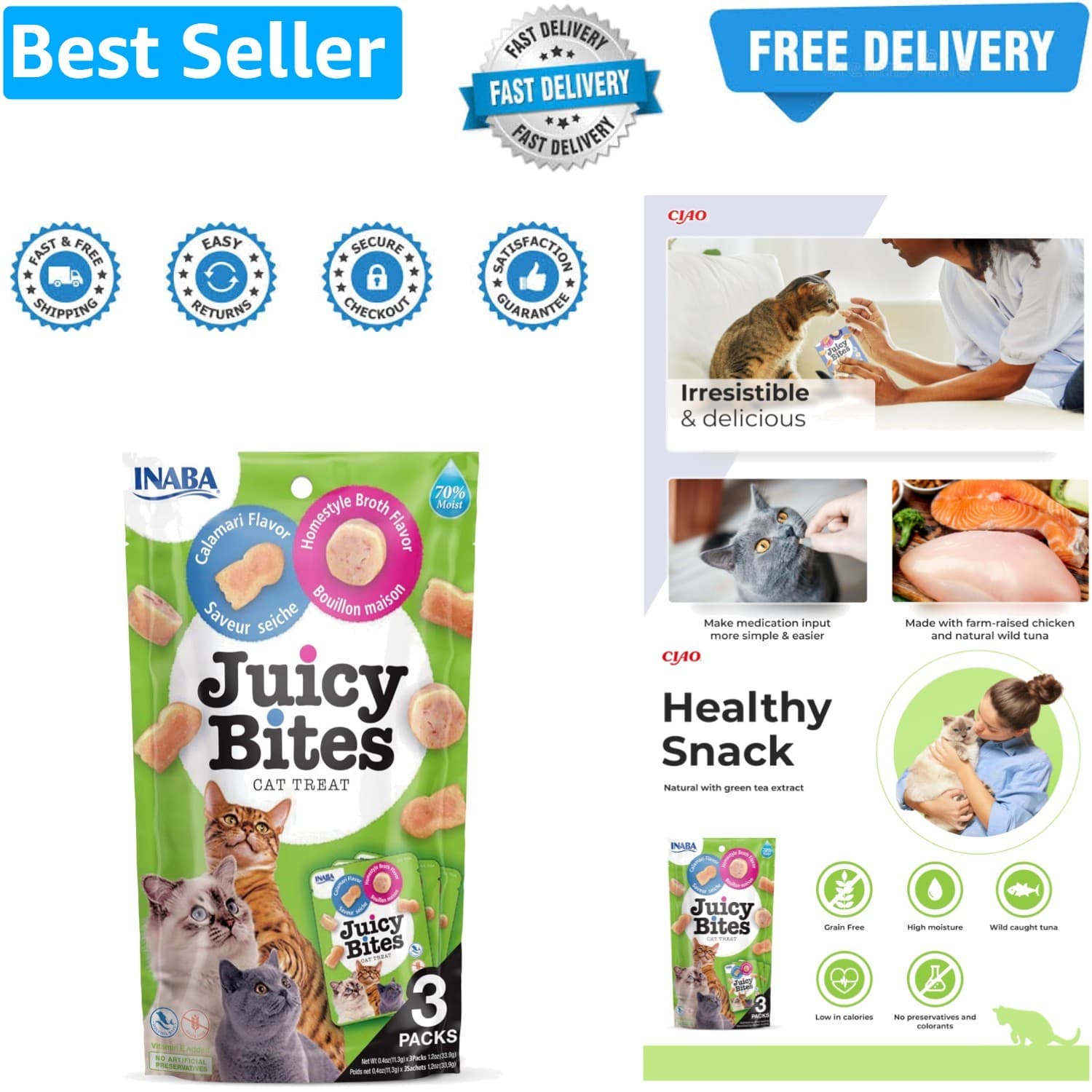 Juicy Bites by Cat Treat - Calamari and Homestyle Broth Flavour 1-Pack 33g Tota...