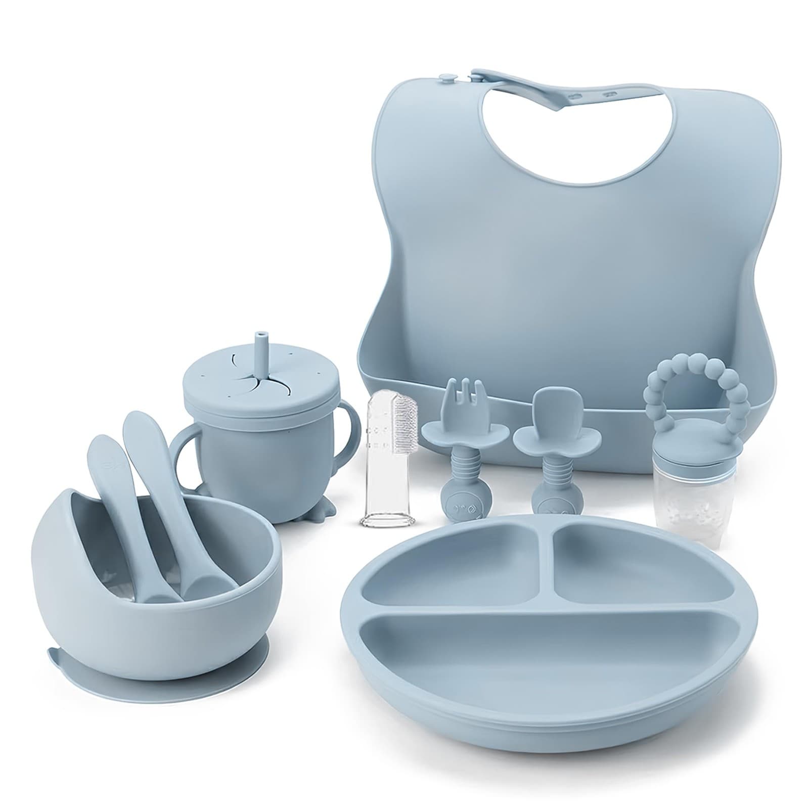 Indique Baby Weaning Set - 11 Pcs Silicone Feeding with Suction Blue