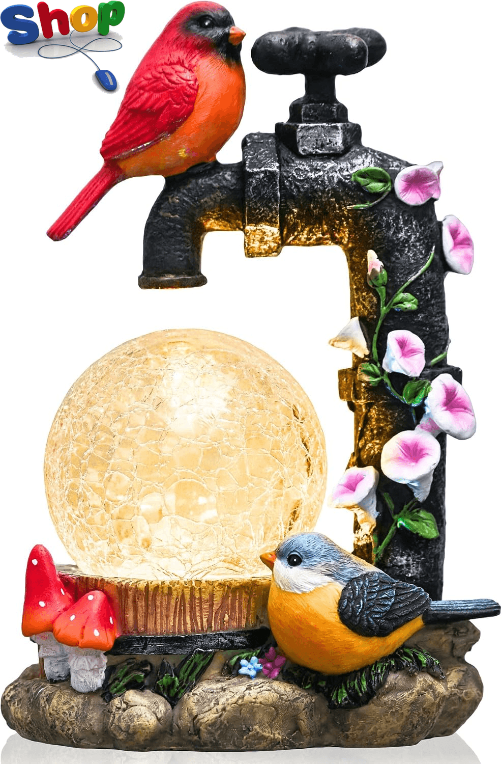 Garden Ornaments Outdoor| Red Robin Bird on Faucet with Crackle Glass Ball| Wate