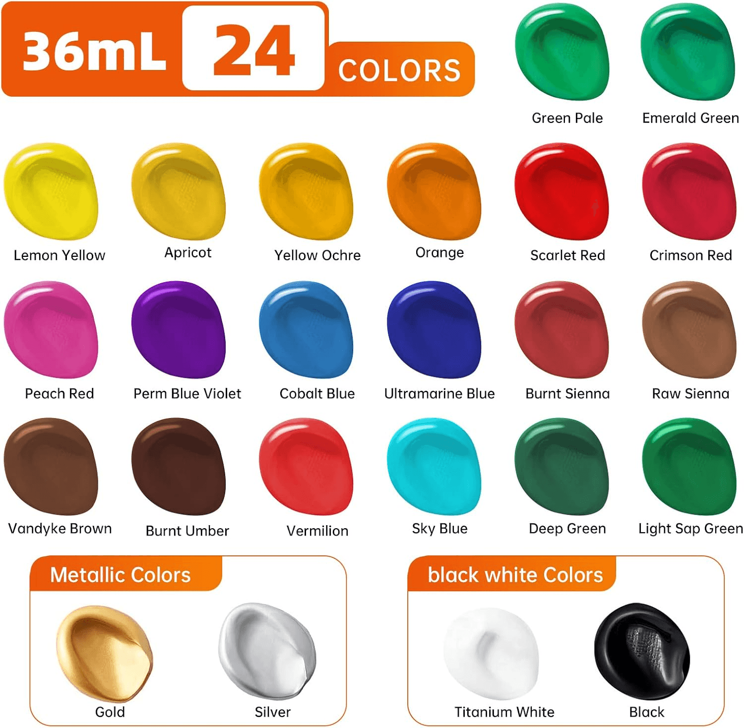 Acrylic Paint Set| 24 X 36 Ml Painting Set with 10 Brushes for Canvas| Wood| Pap view 2