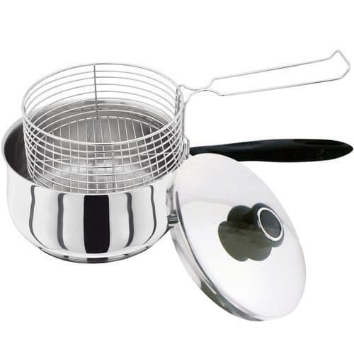 NEW 3PC 20CM STAINLESS STEEL CHIP PAN CHIPPAN FRYER POT WITH LID and BASKET BNIB