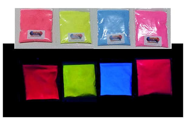 Set of Fluorescent neon Ultraviolet UV blacklight glow powder. 4 + more colours