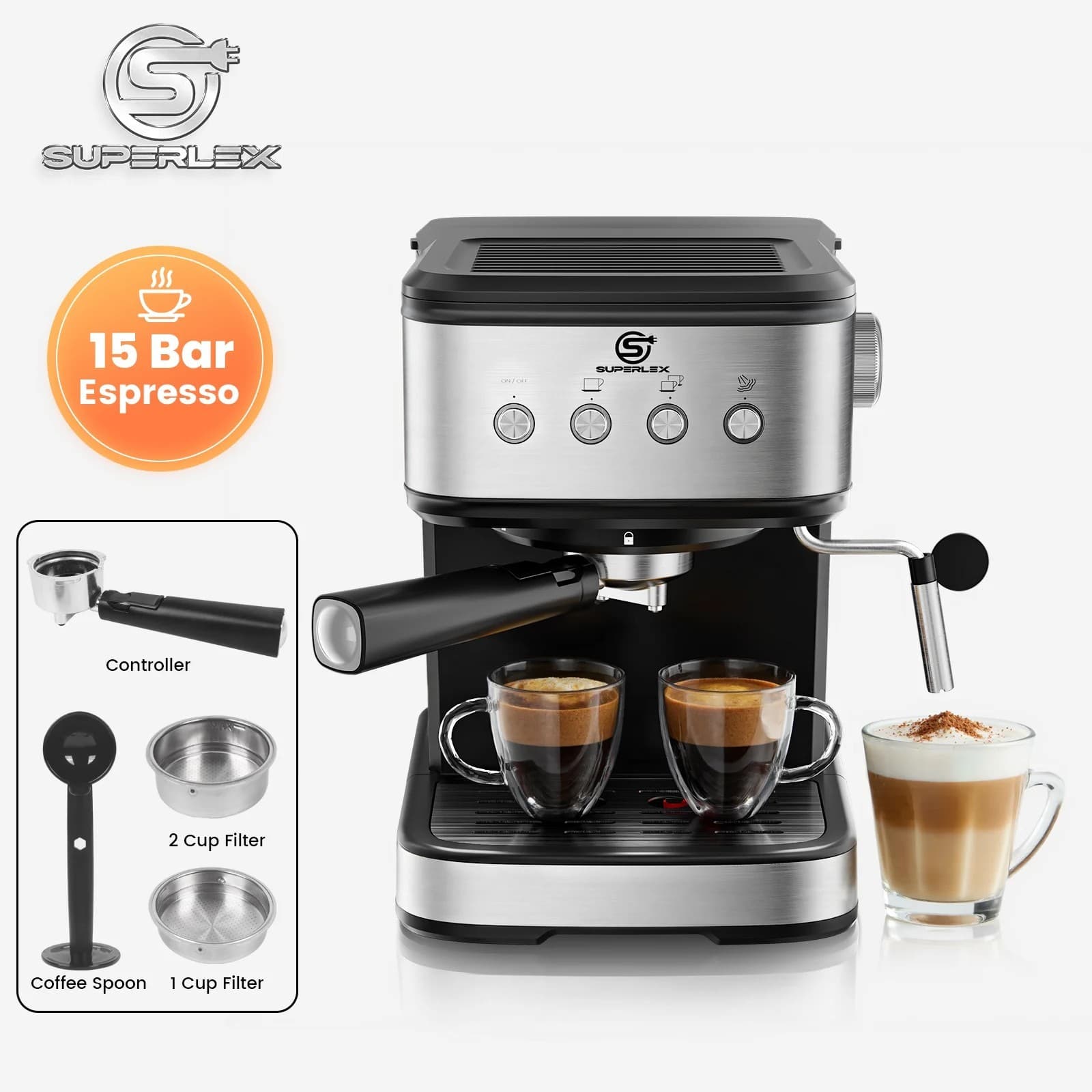 SUPERLEX 15 Bar Espresso and Cappuccino Coffee Machine with Milk Frother 1.5L Tank