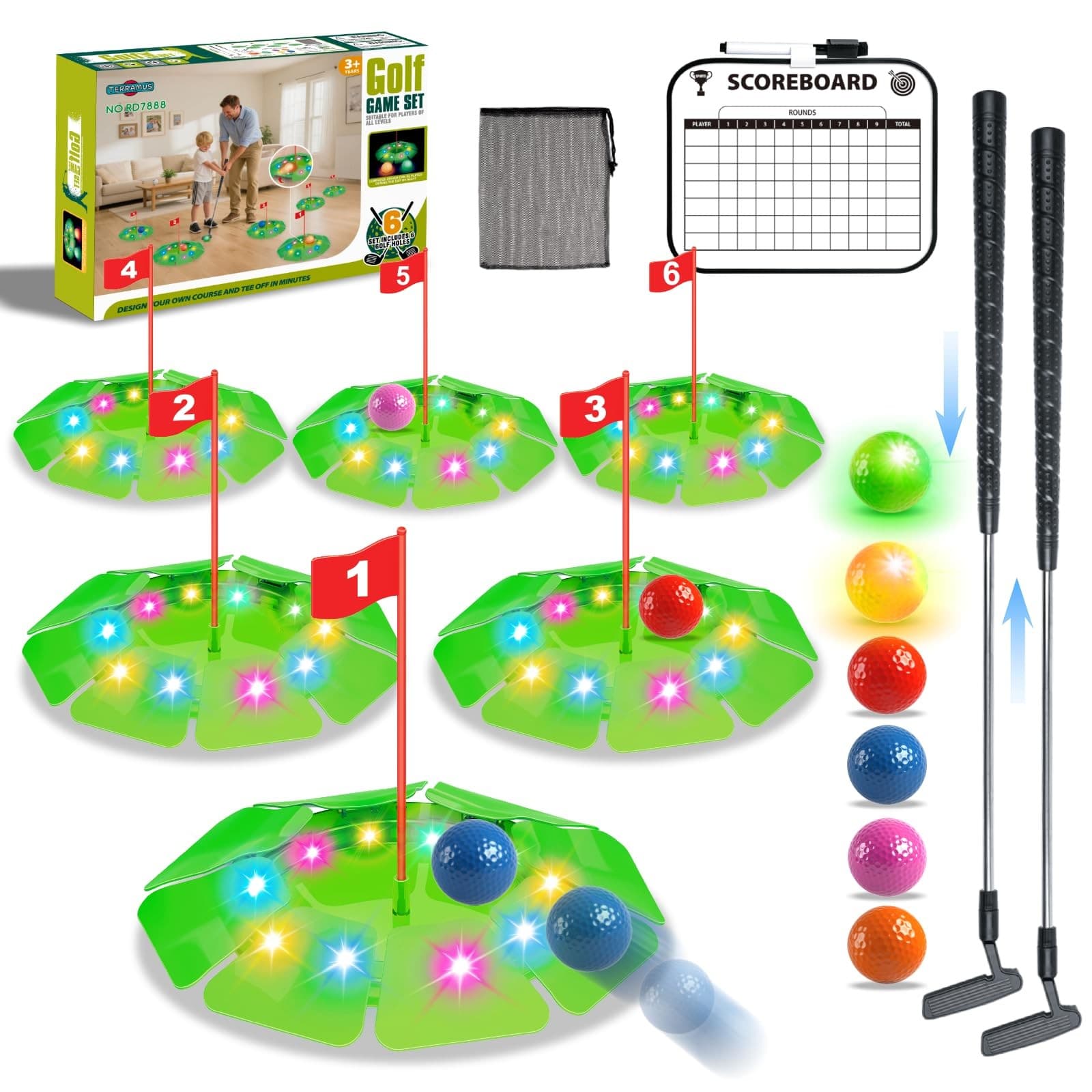 TERRAMUS Light Up Golf Play Set - Upgraded Kids Toy Putting Game Green