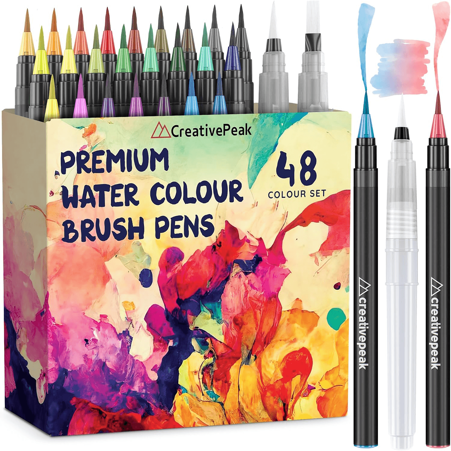 Watercolour Brush Pens - 48 Vibrant Colouring Pens and 2 Blending Brushes - Premiu
