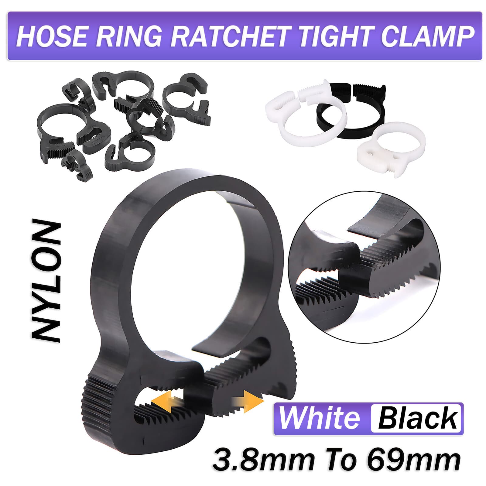 3.8mm To 69mm Hose Ring Ratchet Tight Clamp Nylon Snap Fit Plastic Ratchet Clamp
