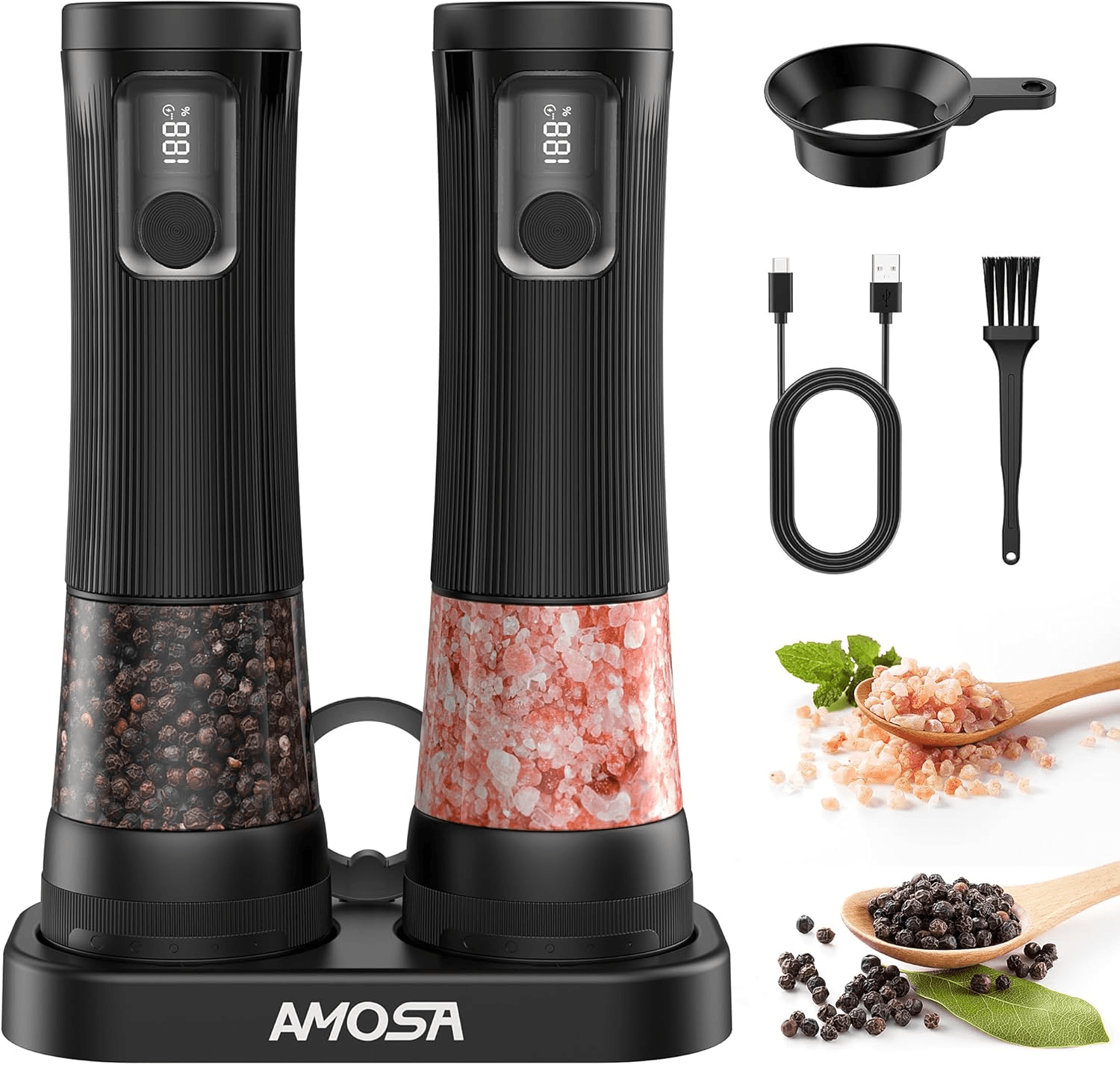 Electric Salt and Pepper Grinder Set| Battery Display and Storage Base| Black | Up