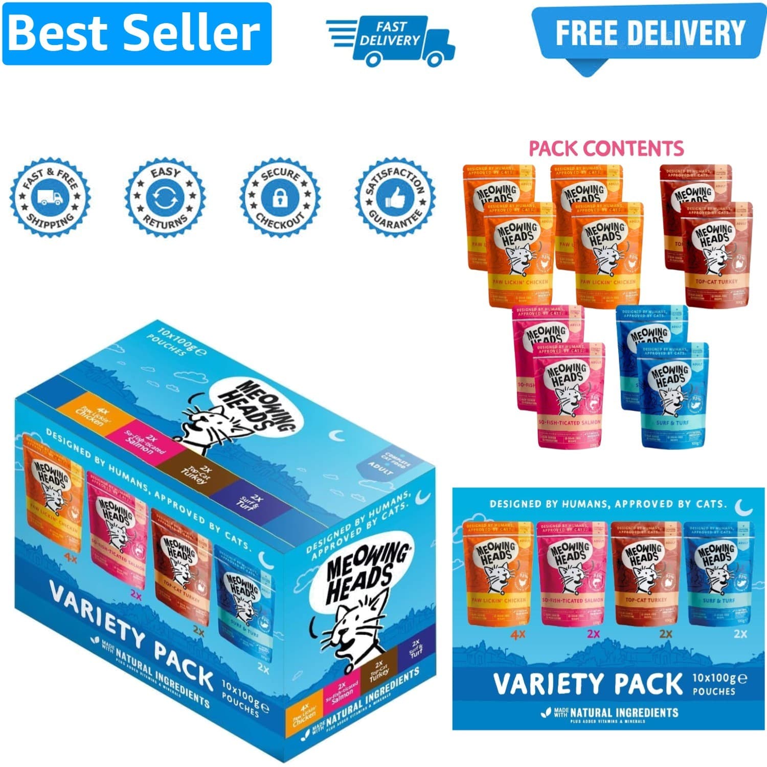 Wet Cat Food - Variety Pack - 93% Natural Turkey| Chicken| Beef and Fish Pouche...