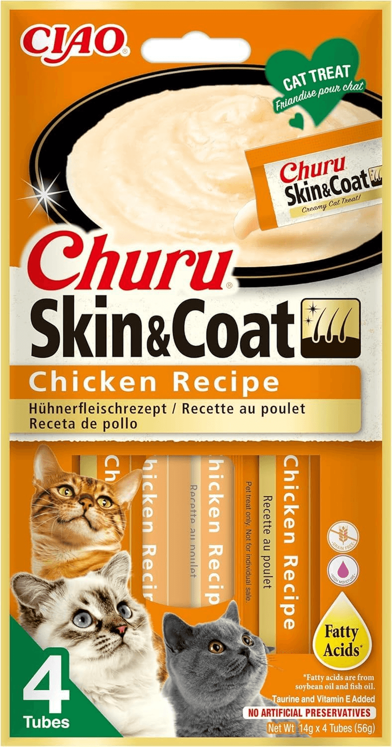 Churu Skin and Coat by  Cat Treat - Chicken - 1 Pack (4 X 14G Total) / Soft and Crea