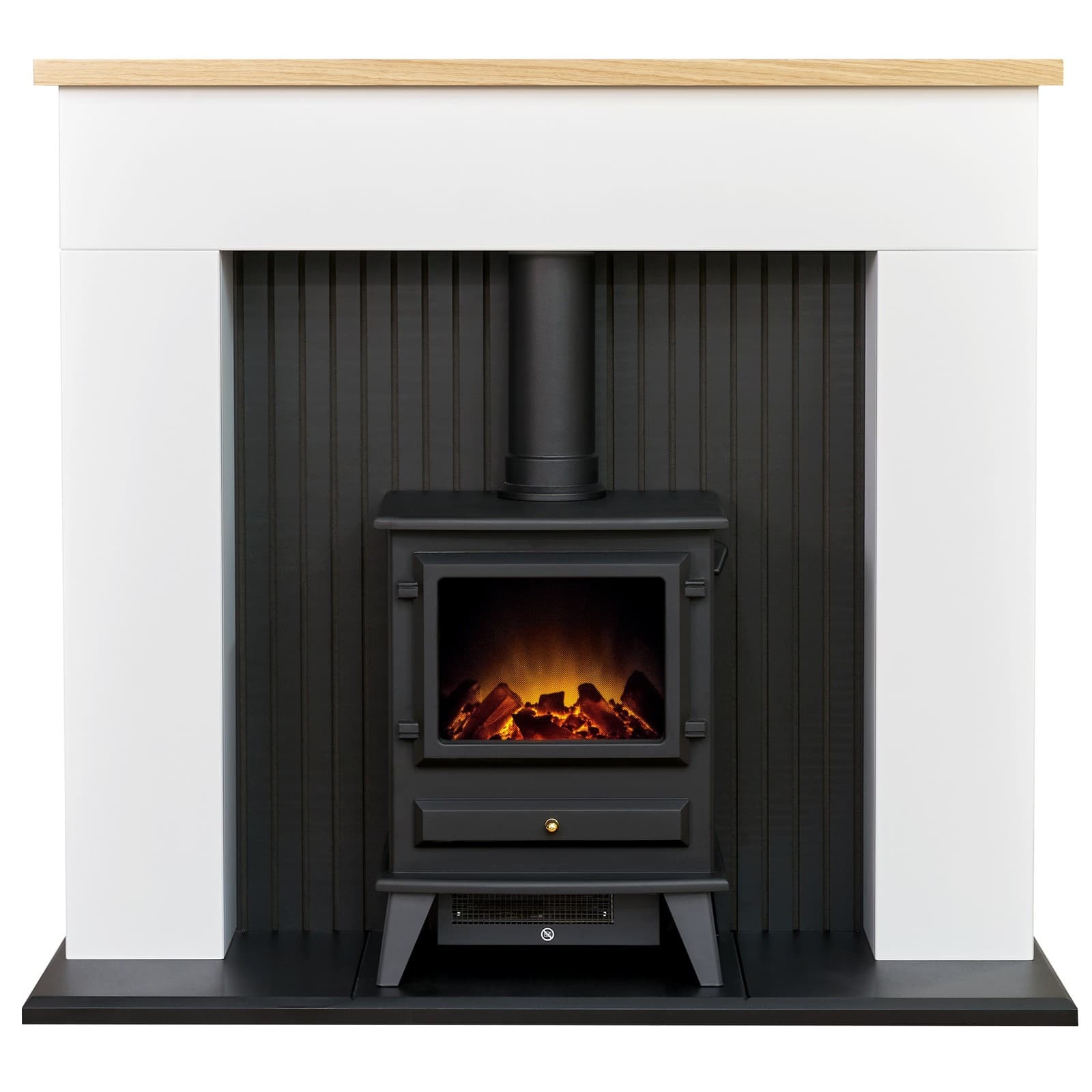 Adam Innsbruck Stove Fireplace in Pure White with Hudson Electric Stove in Bl...