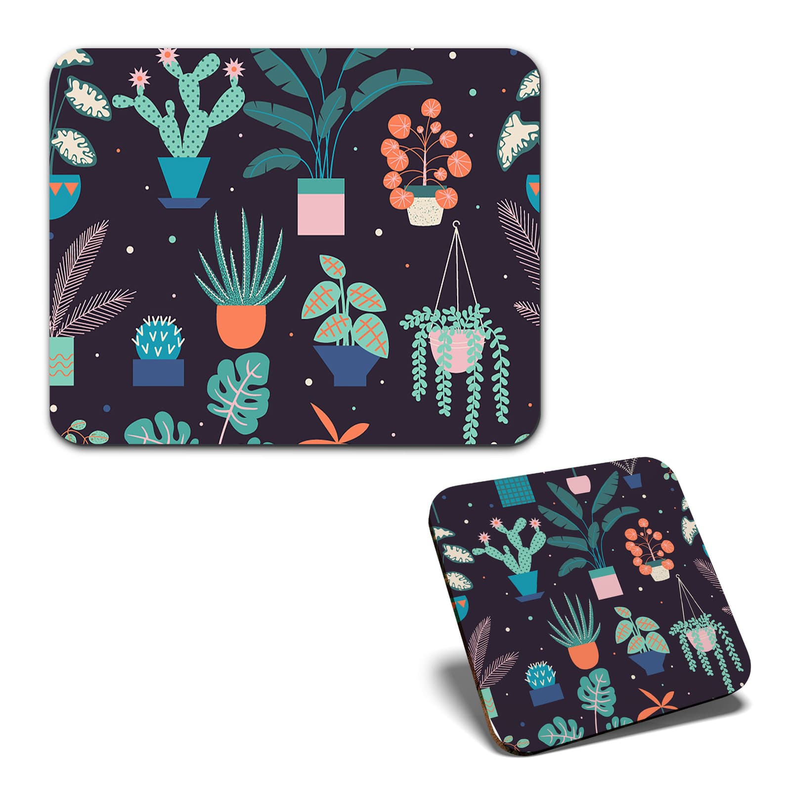 1 Mouse Mat and 1 Square Coaster Succulent House Plant Pattern Cute #52161