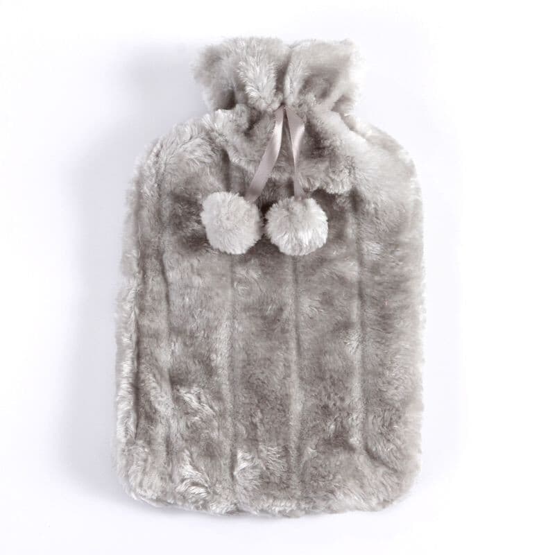 2L Large Natural Rubber Hot Water Bottle Cover Warm Faux Fur Fluffy Pompom Cover