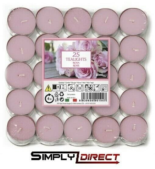 Aladino Rose Scented Tealights Candles Tea Lights Pack of 25 4hrs burn time
