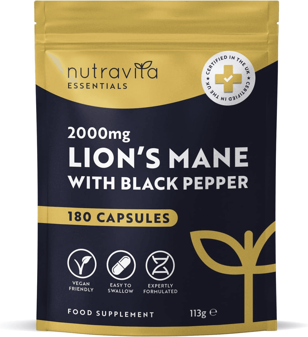 Nutravita Lions Mane Mushroom Extract Supplement 2000Mg - 180 High Strength Vega