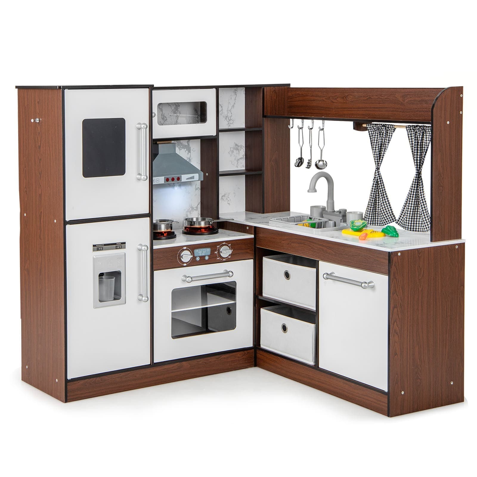 Corner Play Kitchen with Lights Sounds Water Circulation System Brown