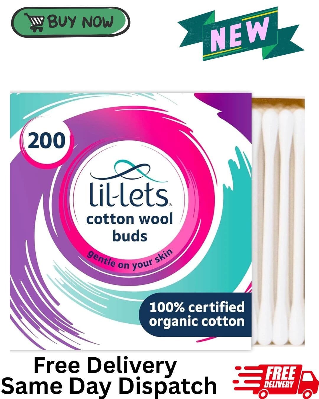 Lil-Lets Cotton Wool Buds,Certified Organic,100% Pure Tips UK fast free shipping