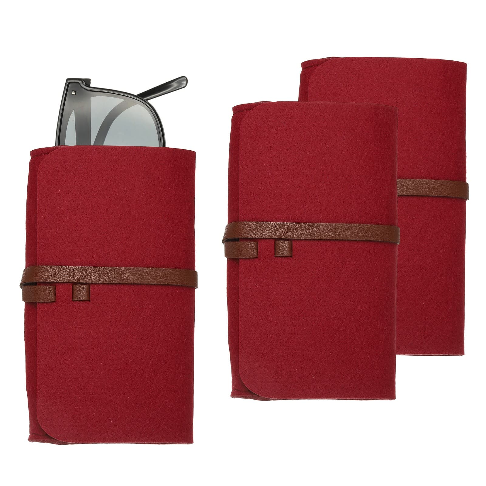 3Pack Portable Felt Glasses Case Slip-in Pouch(Leather Cord Style| Wine Red)