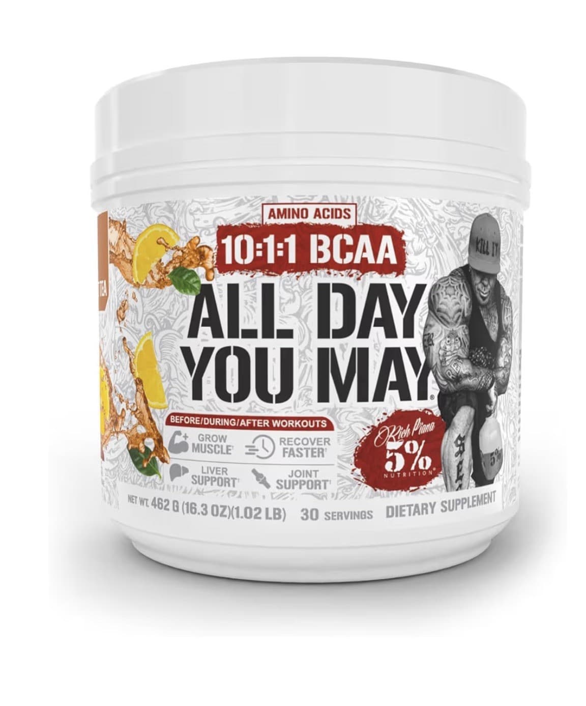 5% Nutrition Rich Piana AllDayYouMay BCAA Powder 30 Servings 462g Sweet Tea