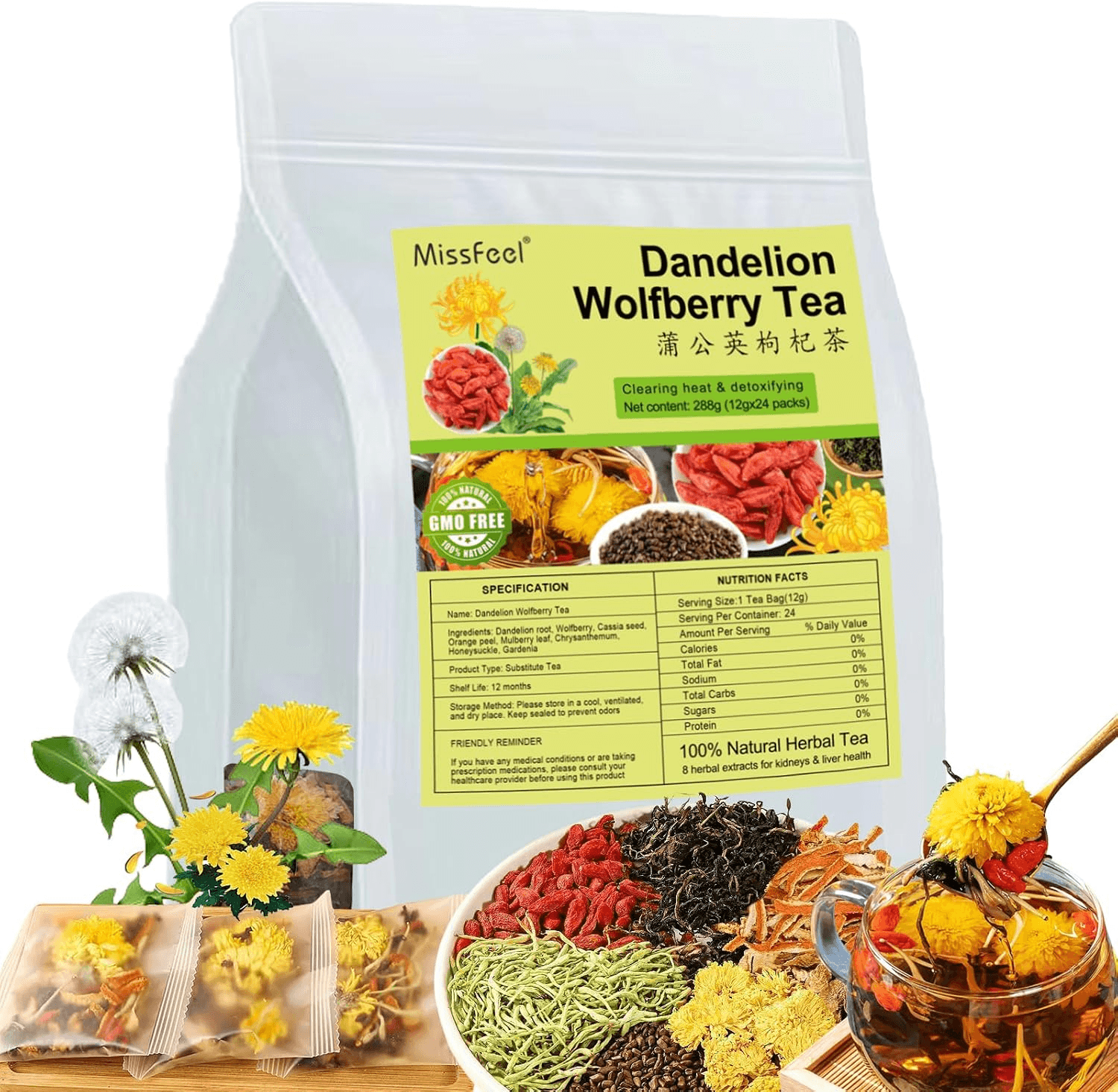 Dandelion Wolfberry Tea| 24 Pcs Natural Kidney& Liver Detox Tea| 8 Chinese Herba
