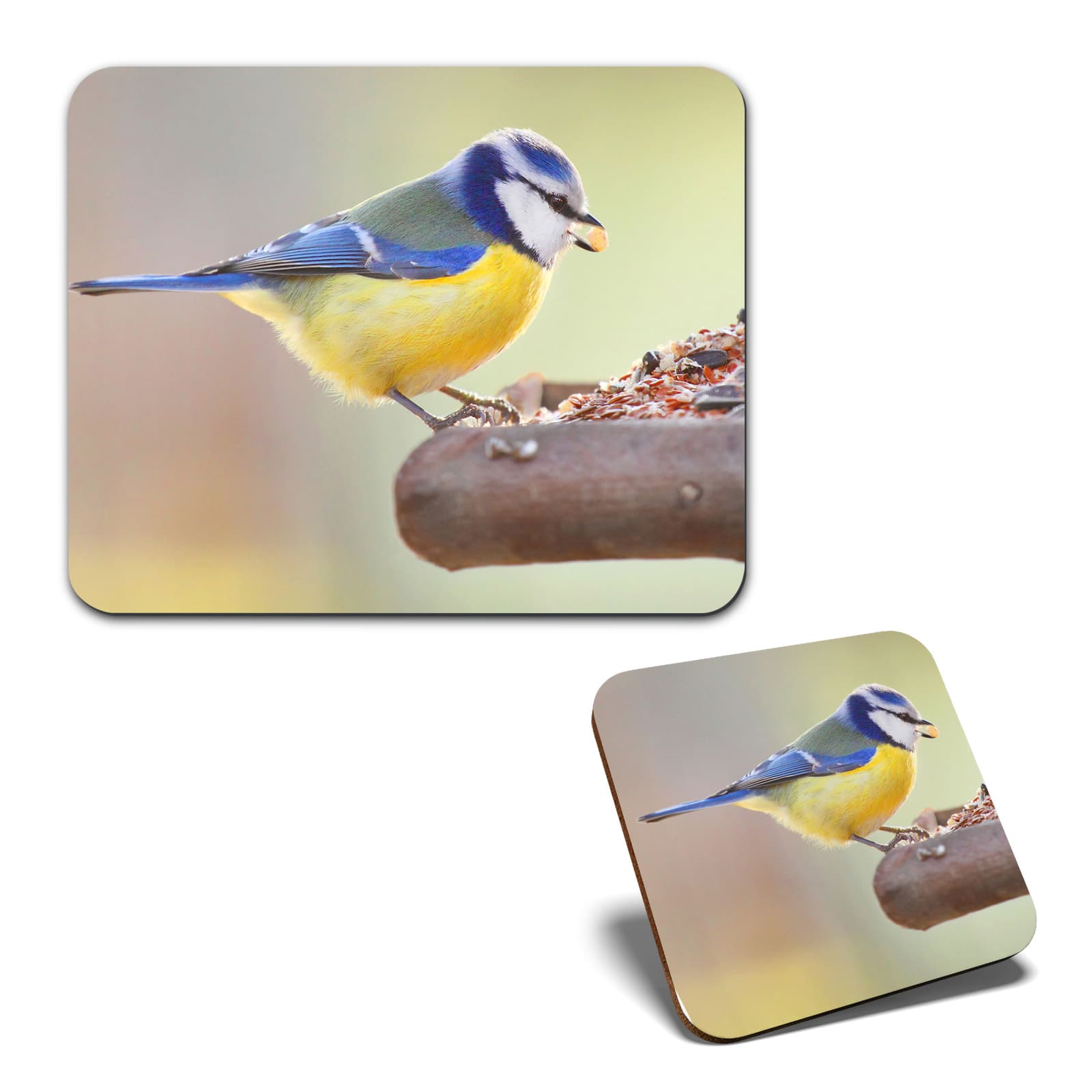 1 Mouse Mat and 1 Square Coaster Blue Tit Garden Bird on Bird Table #50336