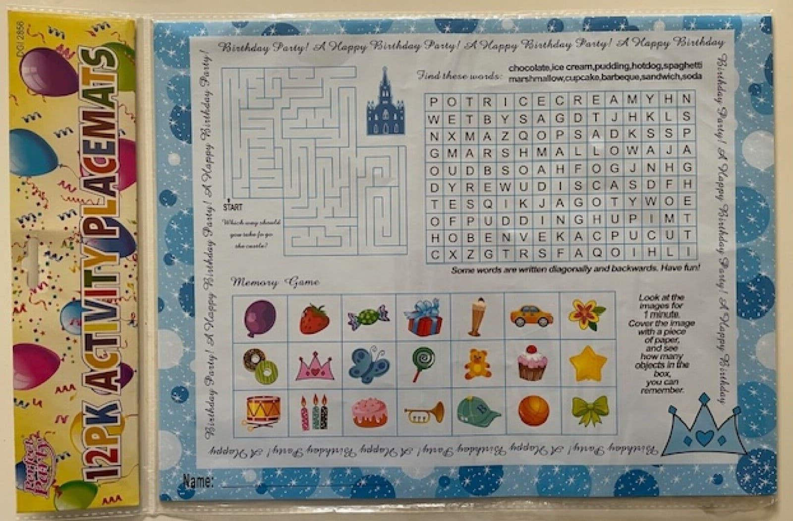 PK 12 ACTIVITY PLACEMATS PLACEMAT IDEAL FOR KIDS /CHILDREN BIRTHDAY PARTY TABLE