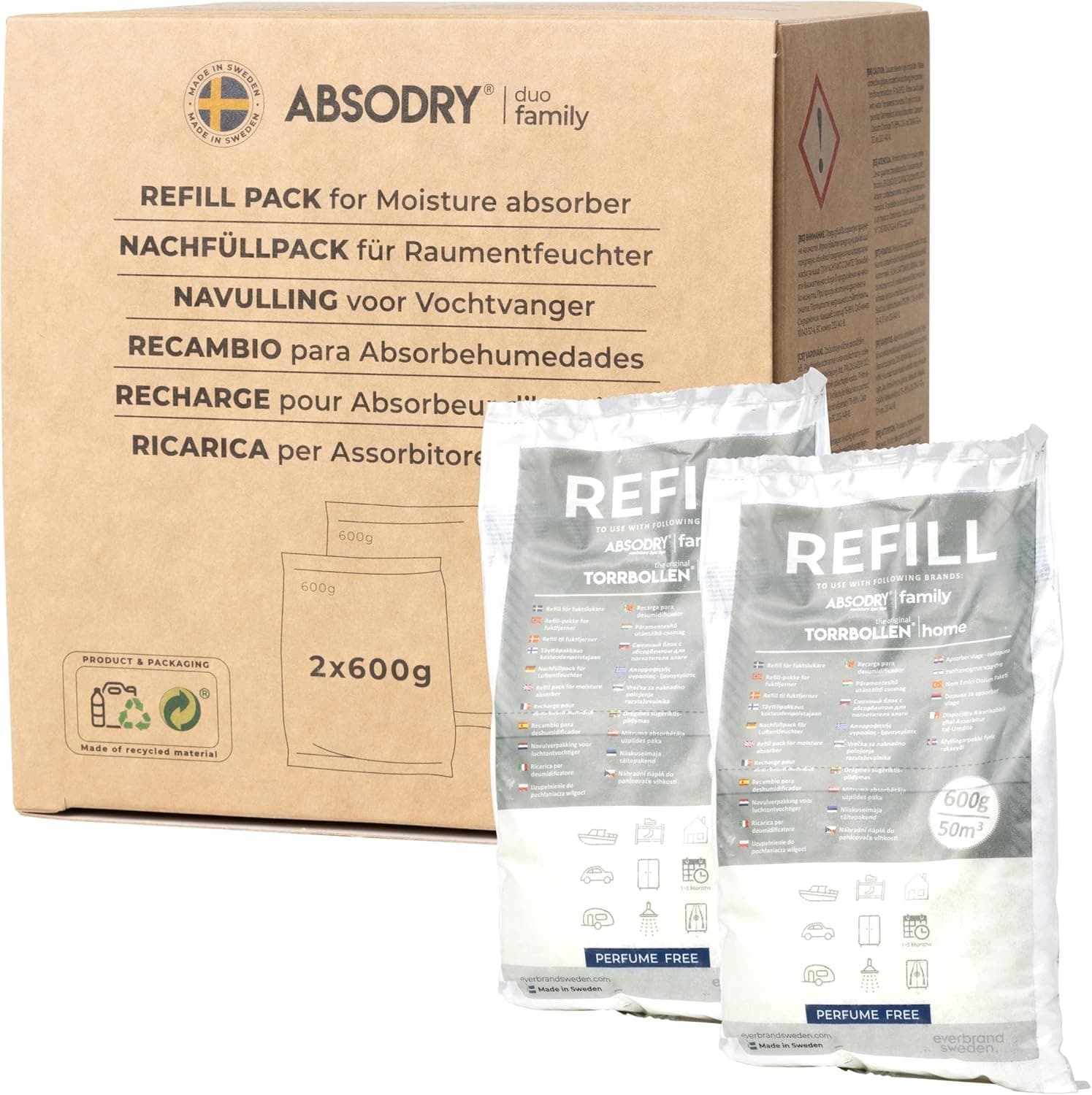 ABSODRY duo family Moisture Absorber Refill Bags 2 x 60 m3 2x600g Bag,