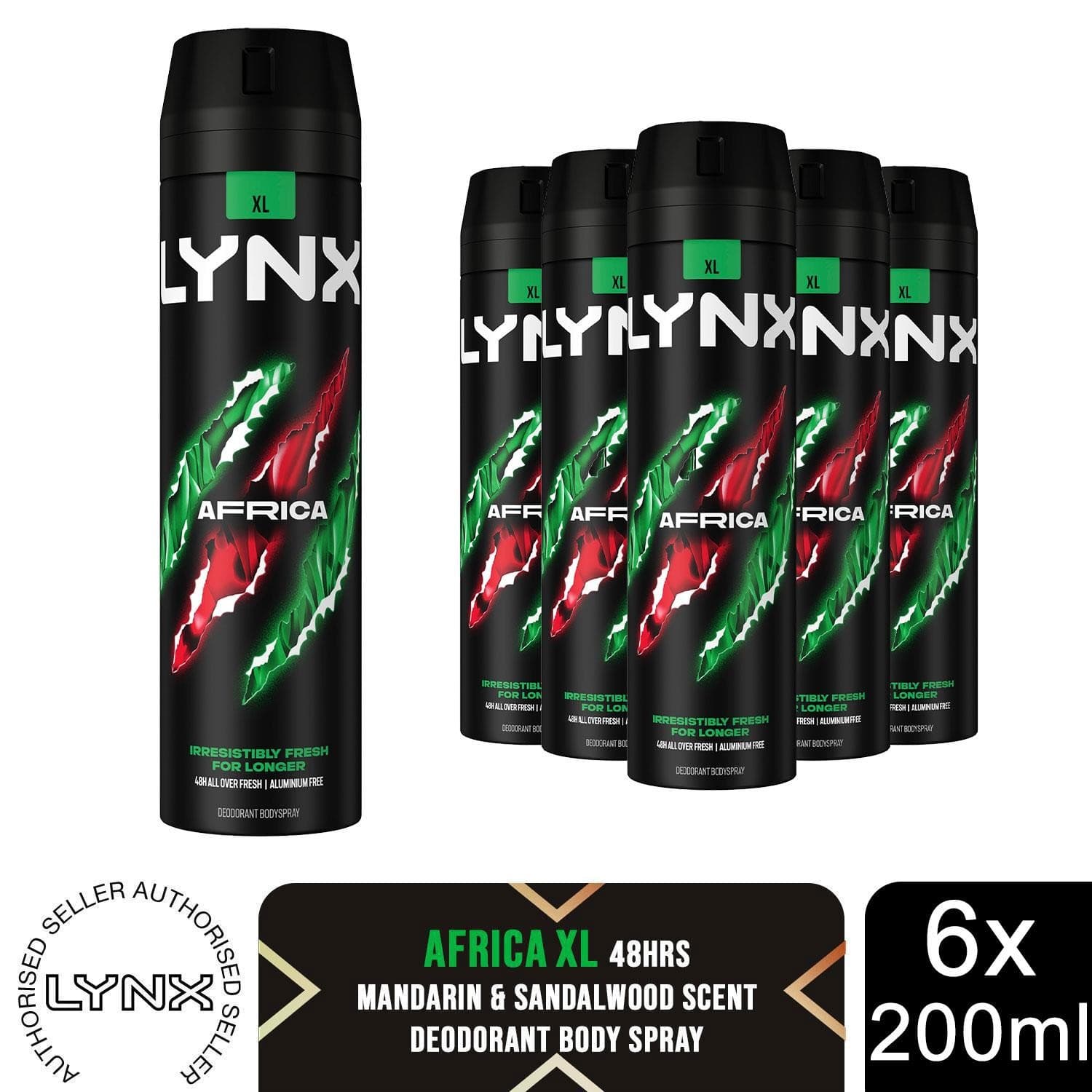 Lynx XL Africa Body Spray 48H Fresh Mandarin and Sandalwood Scent Deo| 6x200ml