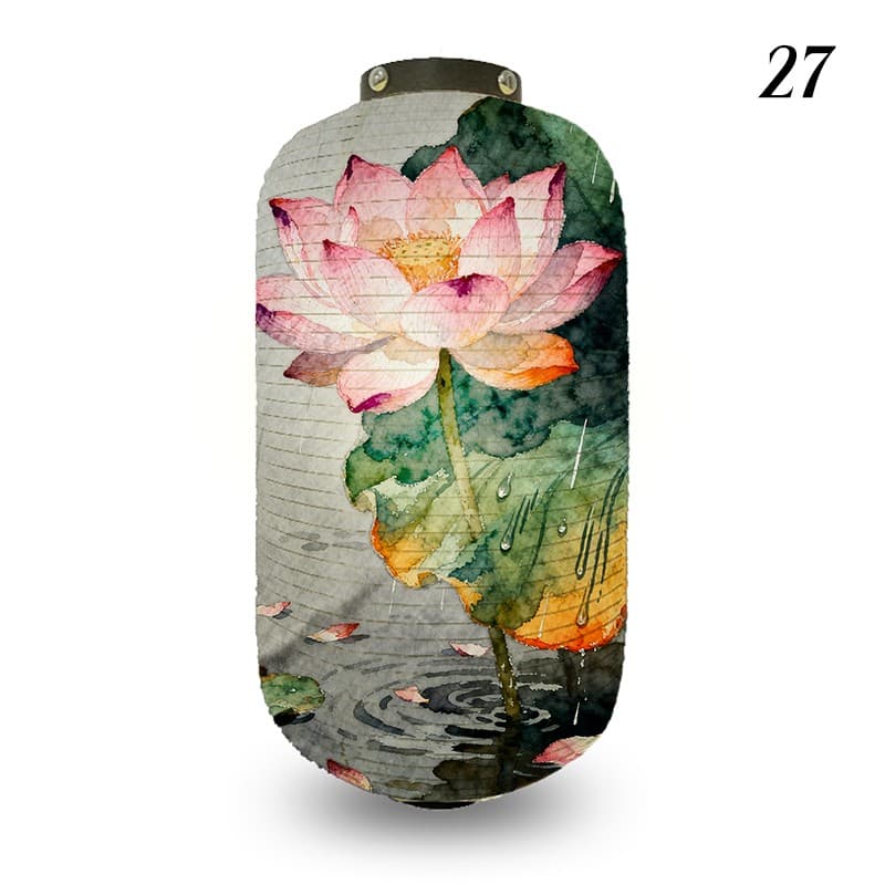Oriental Chinese Style Cloth Lantern Lotus Printed Decor for Izakaya Restaurant.