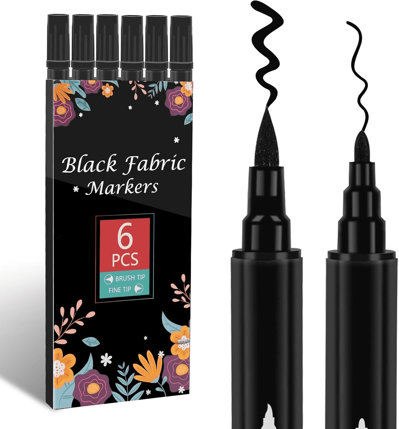 6 Black Fabric Marker-Dual Tip Fabric Pens,Fabric Markers Pens Set Washable Resi