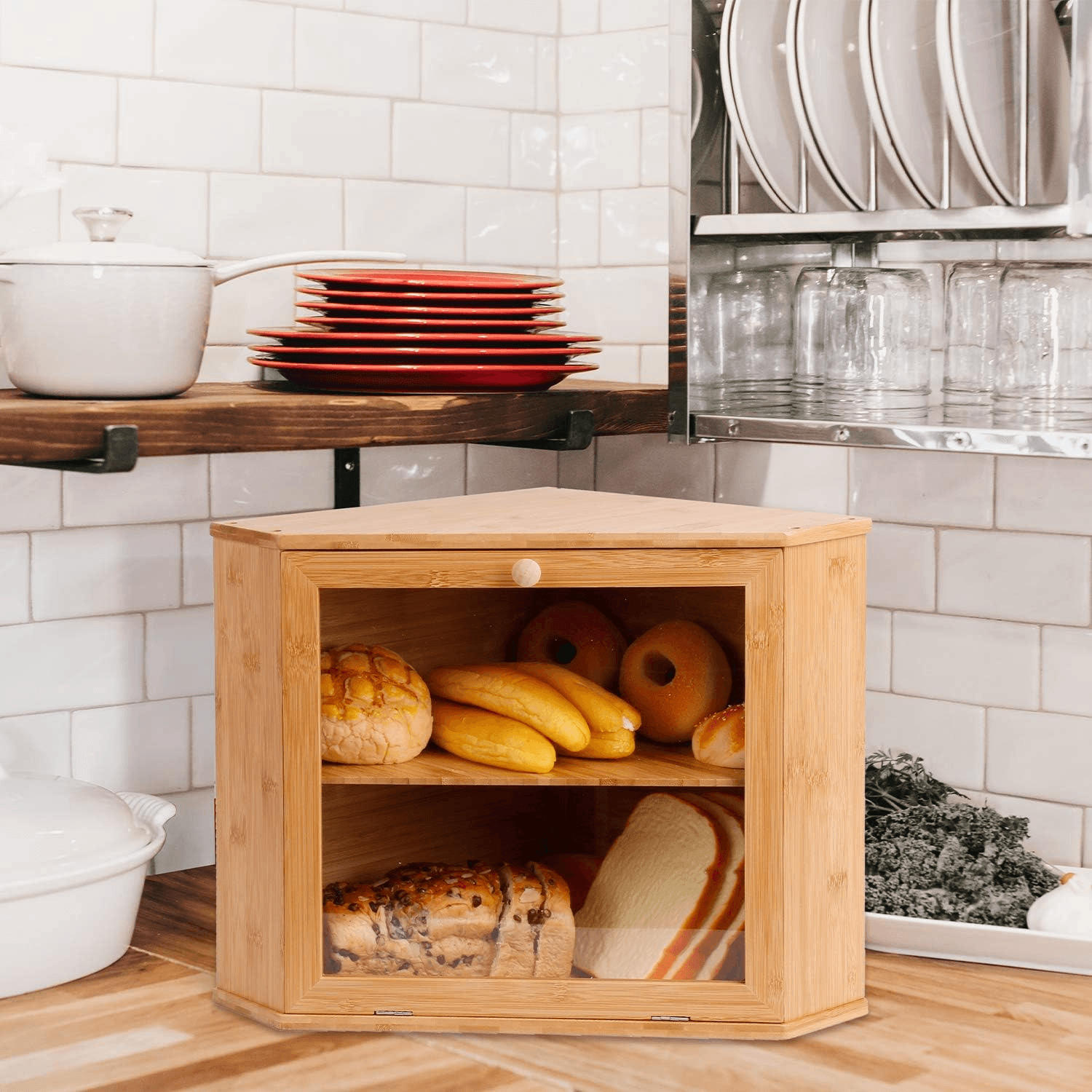 Leader Accessories Corner Bread Bin Bamboo Two-Layer Bread Box for Kitchen Corne view 2