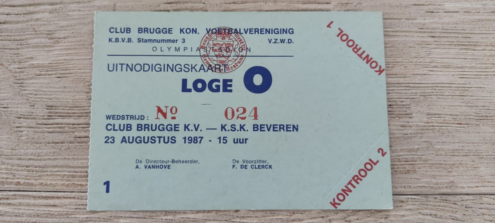 Ticket Club Brugge KSK Beveren Competition 1987/88