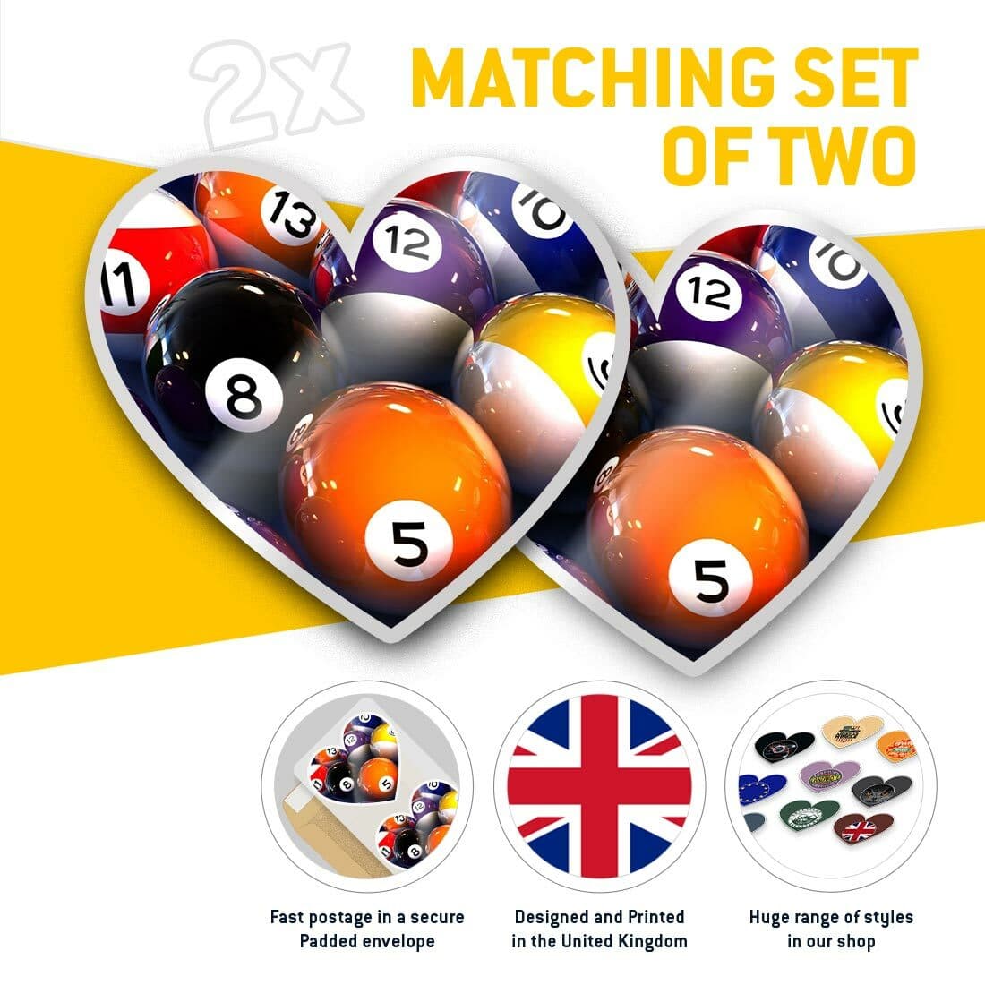 2 x Heart Stickers 7.5 cm - Glossy Pool Balls Snooker Pub  #13156 view 2