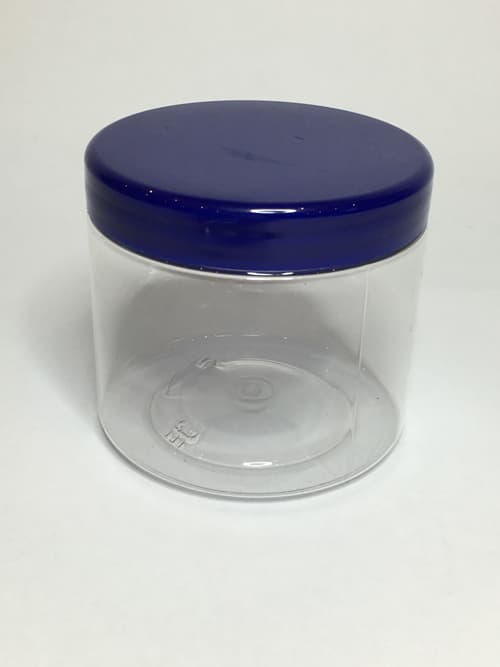 250ml Clear Plastic Jars With Blue Plastic Screw On Lid. Quality Jar and Lid