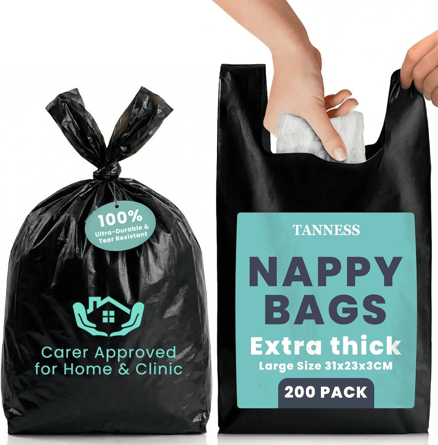 Nappy Bags – 200 Pack| Extra-Thick Disposable Sacks with Tie Handles| Odour-Free