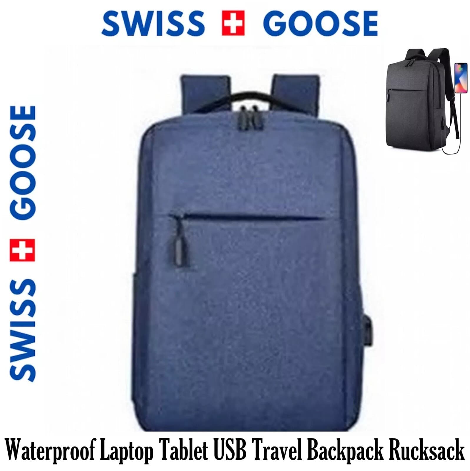 New| Swiss Goose Waterproof USB Travel Blue Backpack Rucksack. Swiss Goose
