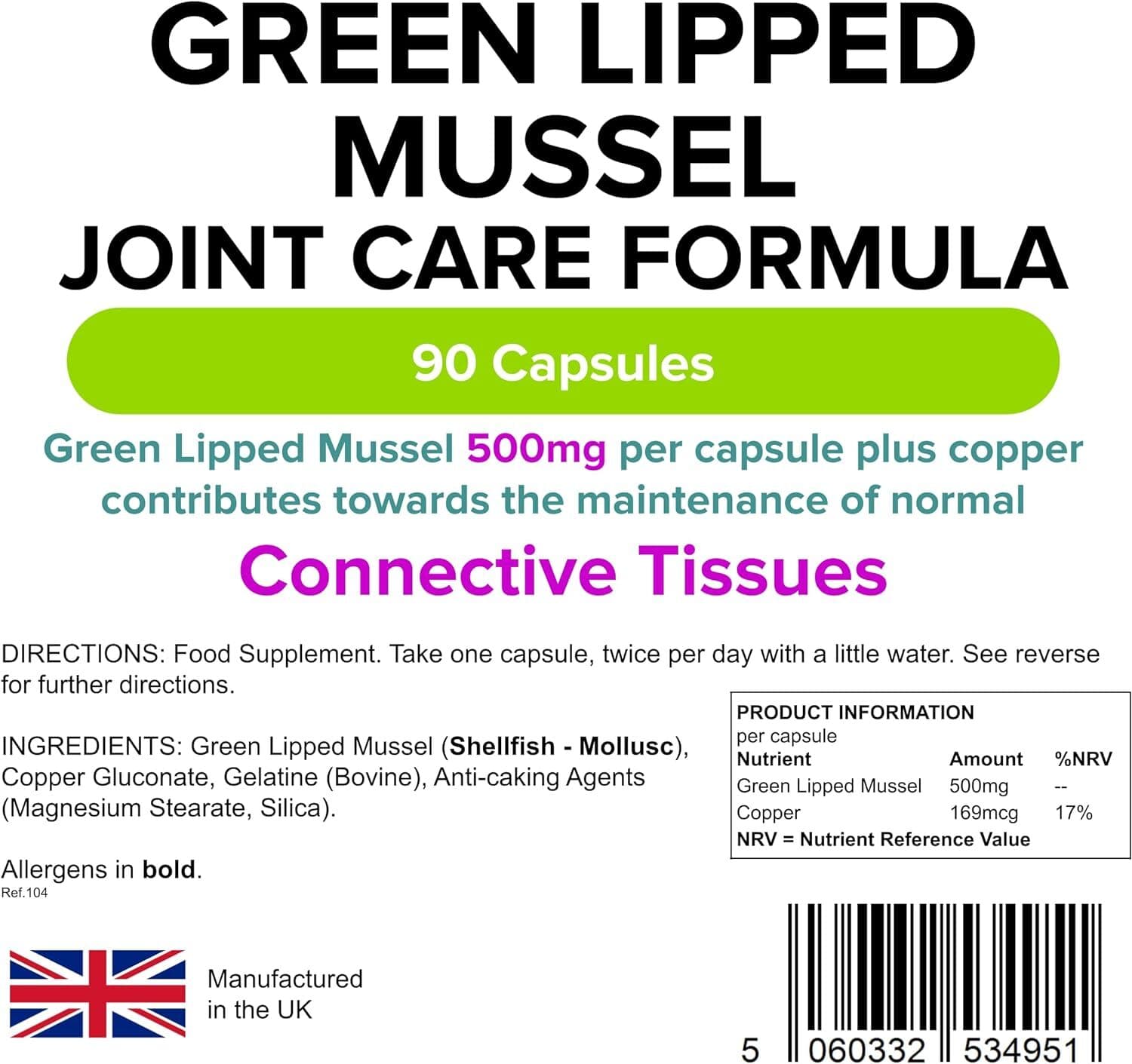 Lindens Green Lipped Mussel Capsules - 1,000mg Daily Intake - 90 Pack -... view 2